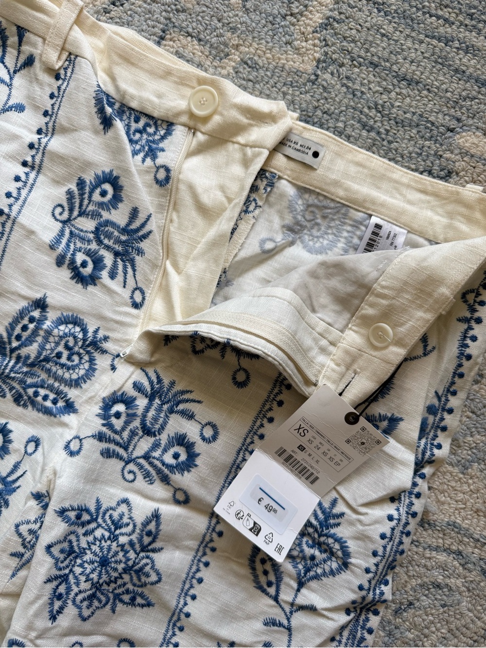 Zara Cream Linen Pants with Blue Floral Embroidery